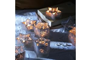 Letine 10pcs Frosted Silver Ribbed Star Candle Cups - Assorted Height Tea Light Candle Holders, Mercury Glass Votives for Thanksgiving Table Decor & Holiday Decorations (Tall 2.44", Short 1.57")