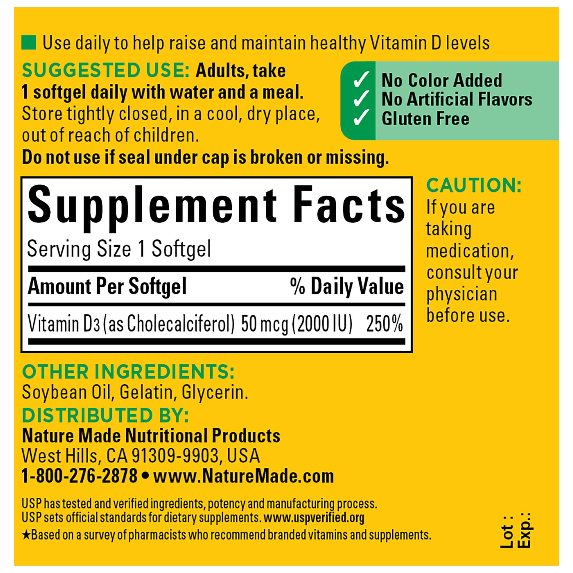 Nature Made Vitamin D3 2000 IU (50 mcg), Vitamin D Supplement for Bone, Teeth, Muscle and Immune Health Support, 90 Softgels, 90 Day Supply