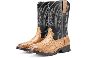 Rollda Cowboy Boots for Men Western Boots Men's Square Toe Chunky Heel Mid-Calf Boots Classic Embroidered Pull On Tabs