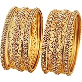 Touchstone "Golden Bangle Collection Indian Bollywood Exotic Filigree And Grain Work Clear Rhinestone Thick Thin Bangle Bracelets In Antique Gold Tone For Women. Set of 6