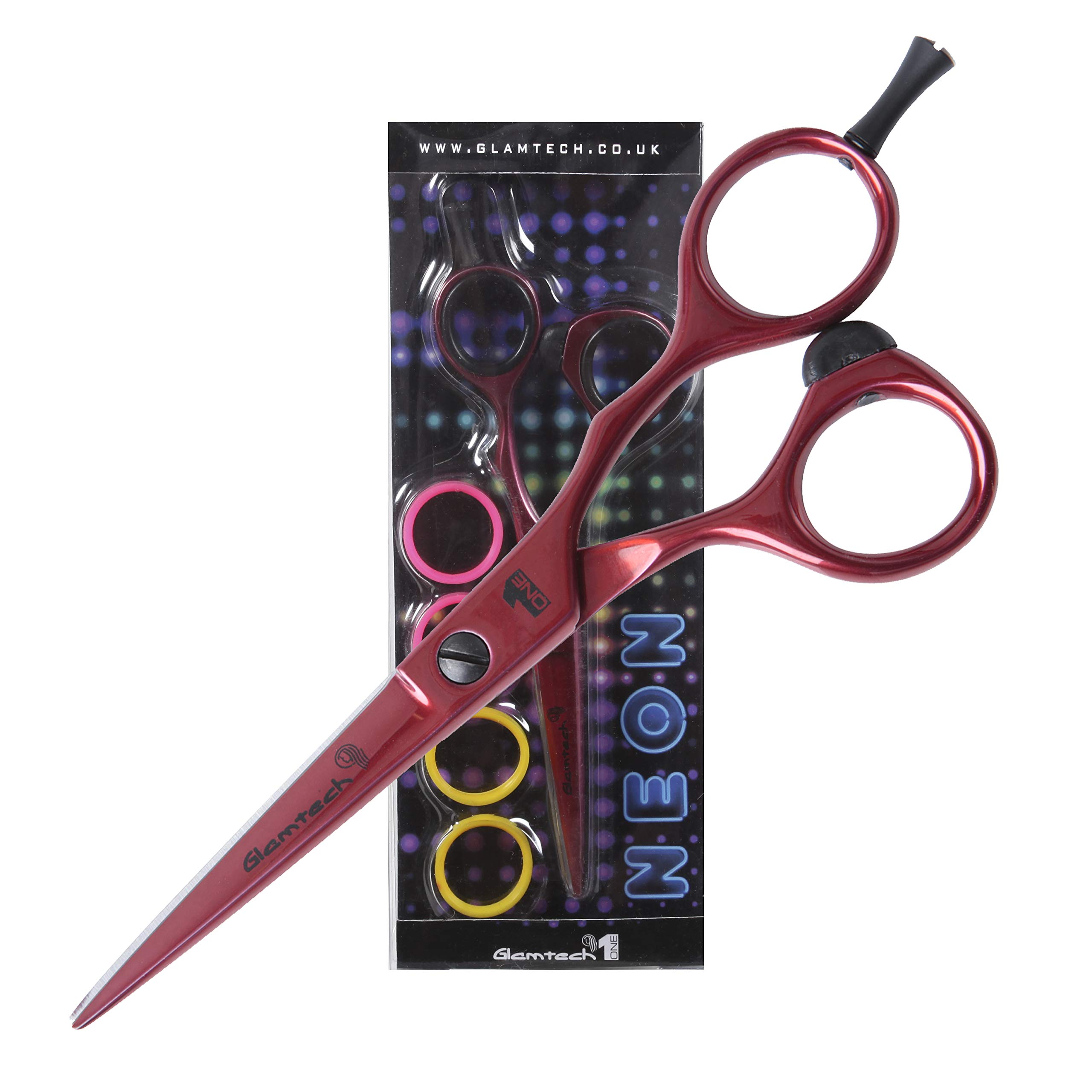 Glamtech One Neon Hairdressing Scissor - Ergonomic Sharp Edged Professional Scissors - Ideal for hairdressing, cutting and styling (5.5 inch, Red)