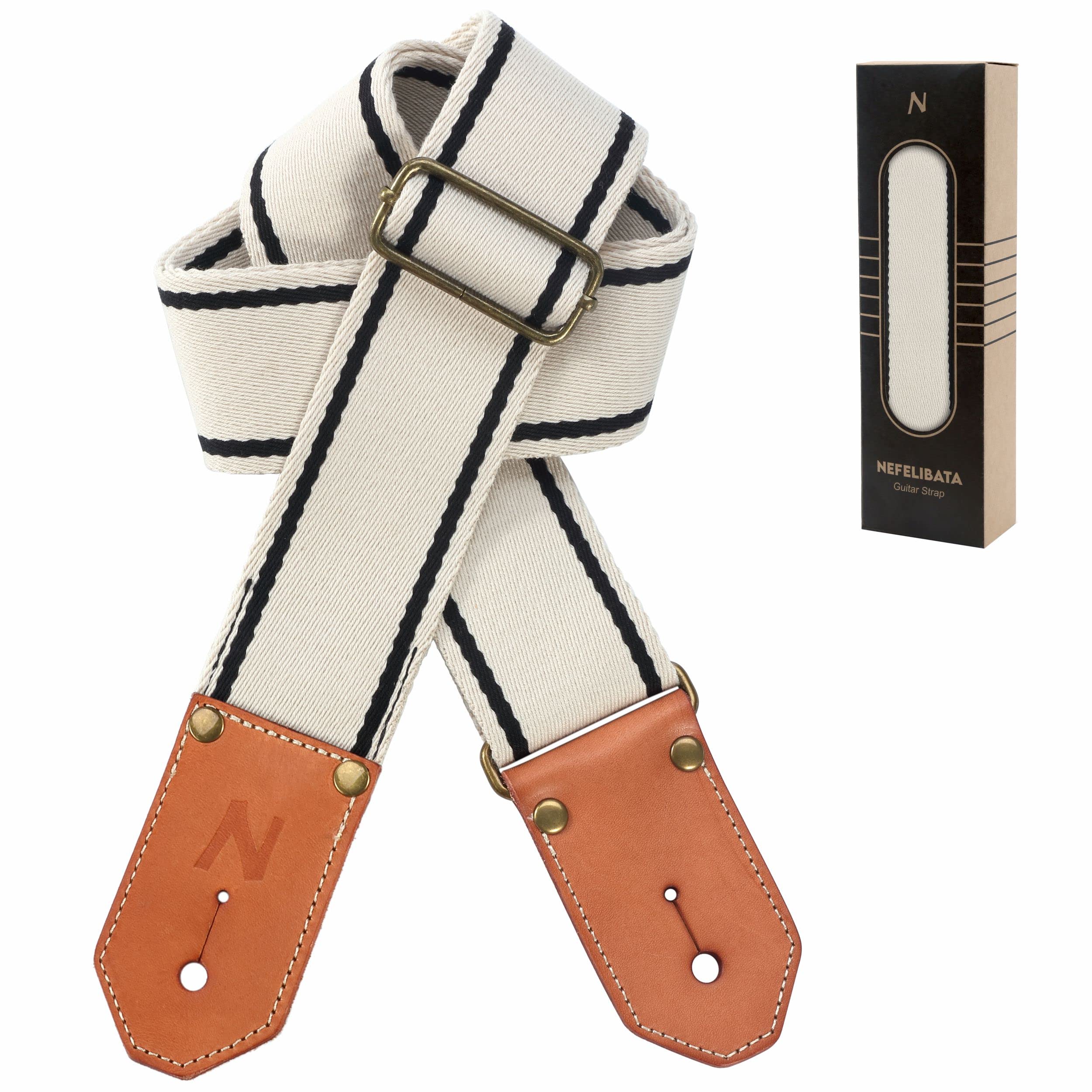 Nefelibata Cool Woven Guitar Strap - Cotton Guitar Straps with Thicked First Layer Vegetable Tanned Cowhide Leather Ends for Acoustic, Bass, Electric, Best Gift for Your Love Guitarists（Melk Wit）