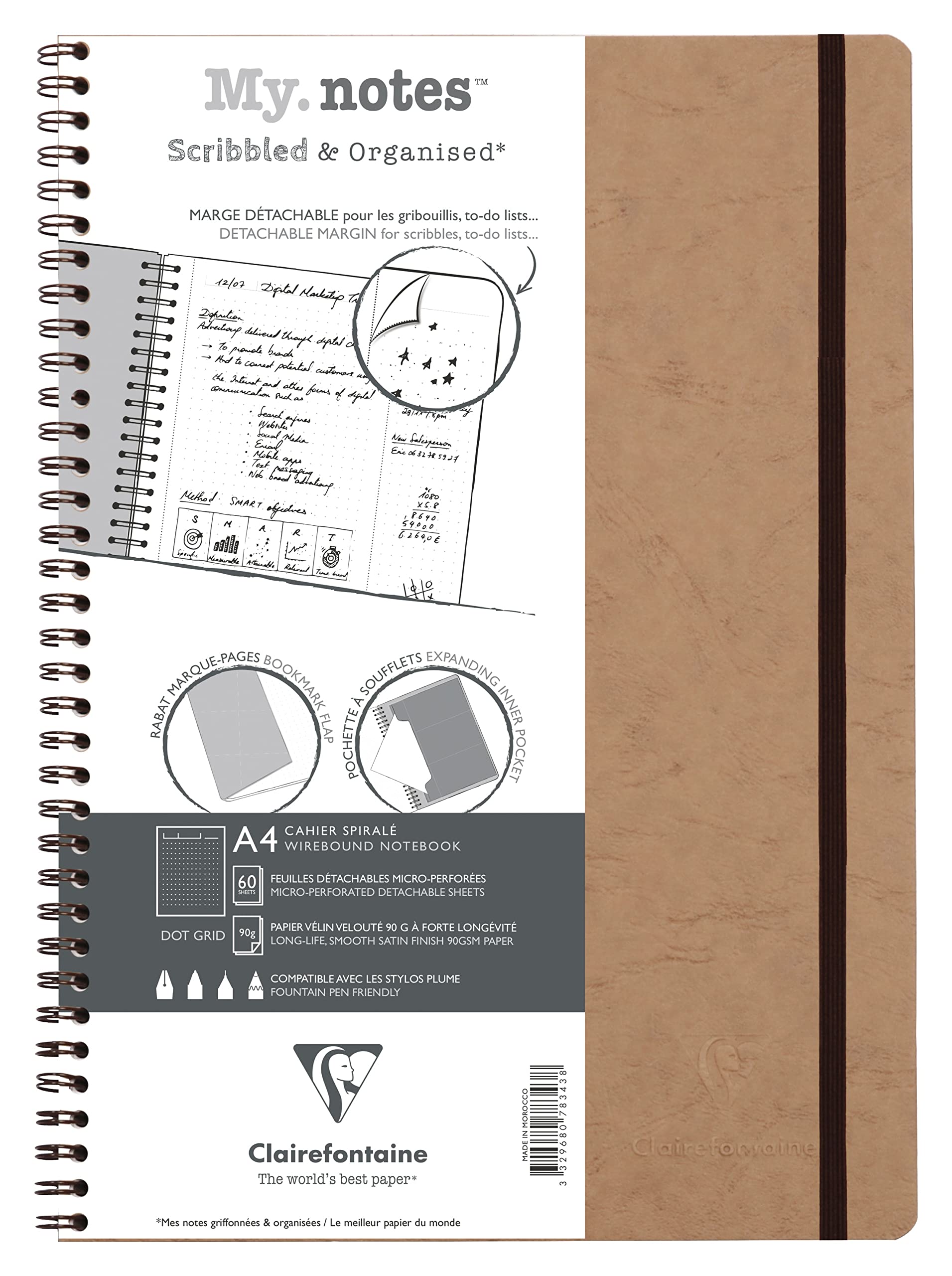 Clairefontaine 78343C Collection Age Bag MyNotes Notebook Tobacco - A4 21x29,7cm - 120 Detachable Pages DOT - White Paper 90g - Card Cover Leather Grain