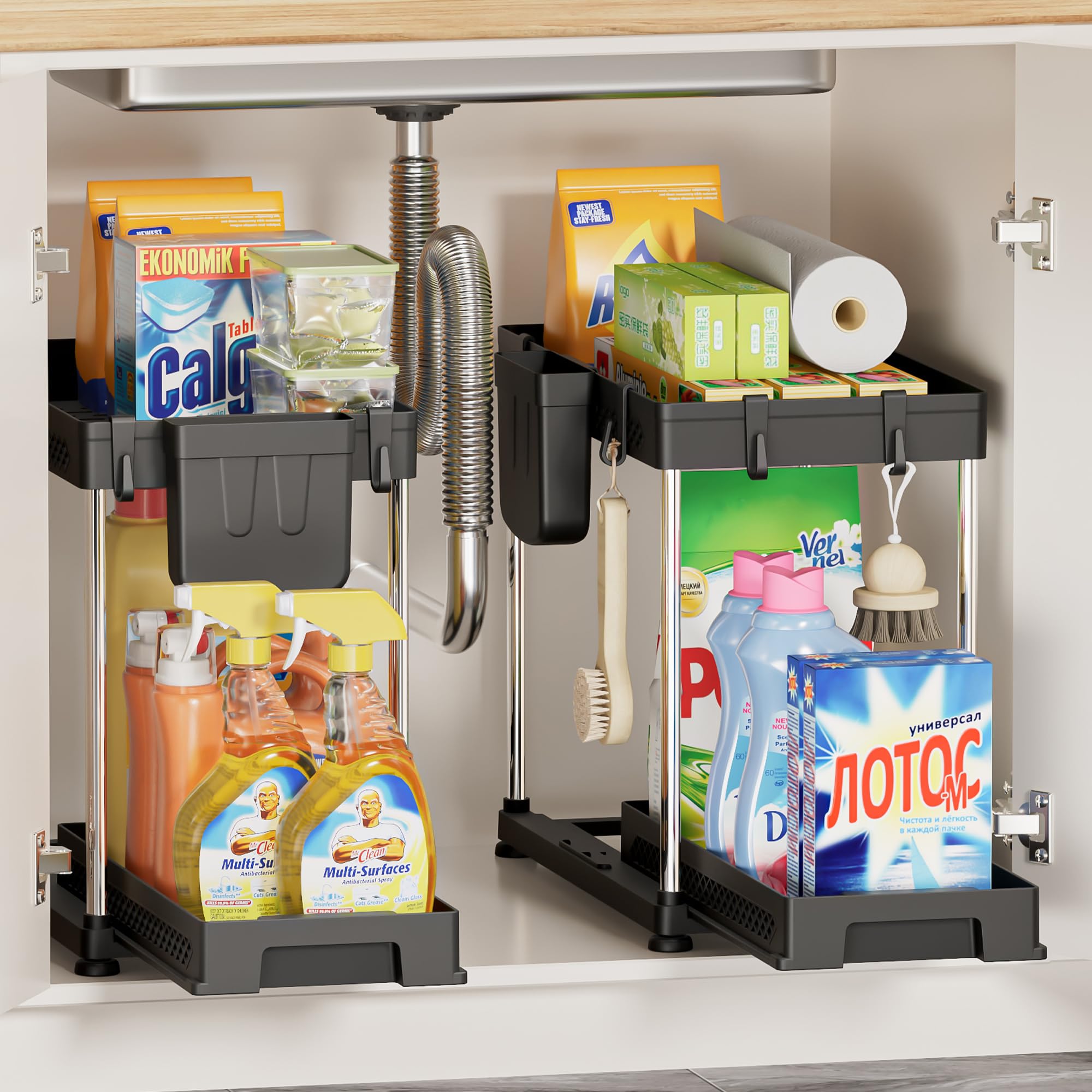 Photo 1 of Kjfeoiye Under Sink Organizers, 2 Pack Multi-Purpose Pull-out Bathroom Organizers and Storage, 2 Tier Kitchen and Bathroom Sink Cabinet Organizer with Sliding Drawer, Black