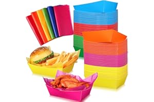 Perkoop 120 Pcs Rainbow Paper Food Trays with Deli Liner Sheets 1.1 lb Disposable Neon Glow Party Birthday Food Boats Colourful Neon Popcorn Nacho Hot Dog Trays for Birthday Party Decorations