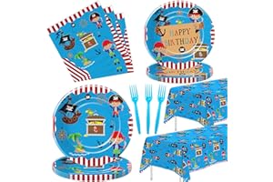 APOWBLS Pirate Birthday Party Supplies - Pirate Party Decorations Tableware For Kids, Pirate Plate, Napkin, Tablecloth, Fork, Pirate Birthday Plates And Napkins Party Decorations Dinnerware | Serve 24