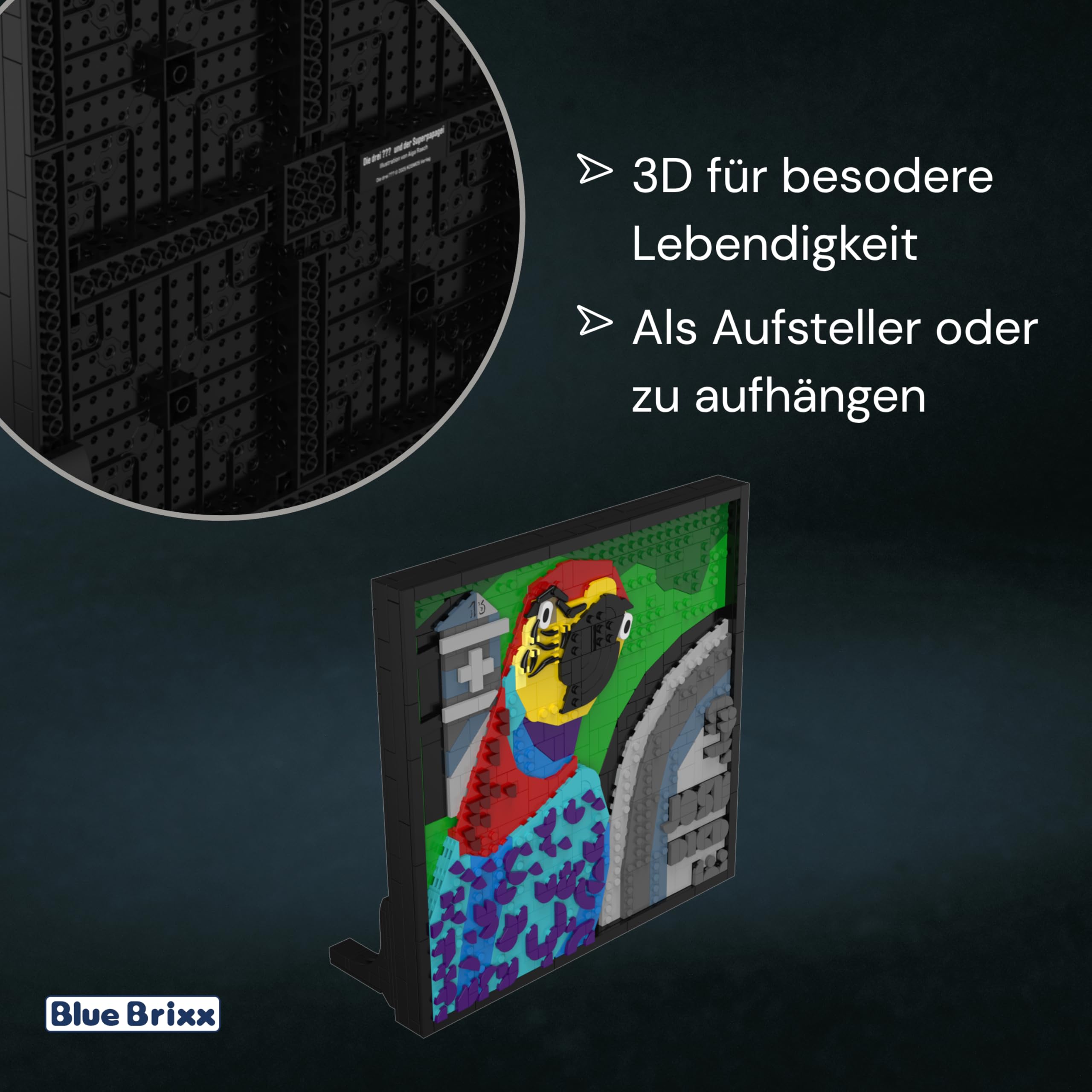 BlueBrixx Pro 108500 – Die DREI ???: 3D Bild: Der Superpapagei aus Klemmbausteinen mit 806 Bauelementen 3