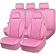 CAR PASS 5 Seats Piping Luxury Leather Seat Covers Full Set, Anti-Slip Waterproof Seat Covers Compatible with Front Armrests, Universal Fit for Suvs,Vans,Trucks,Airbag Compatible, Pure Pink