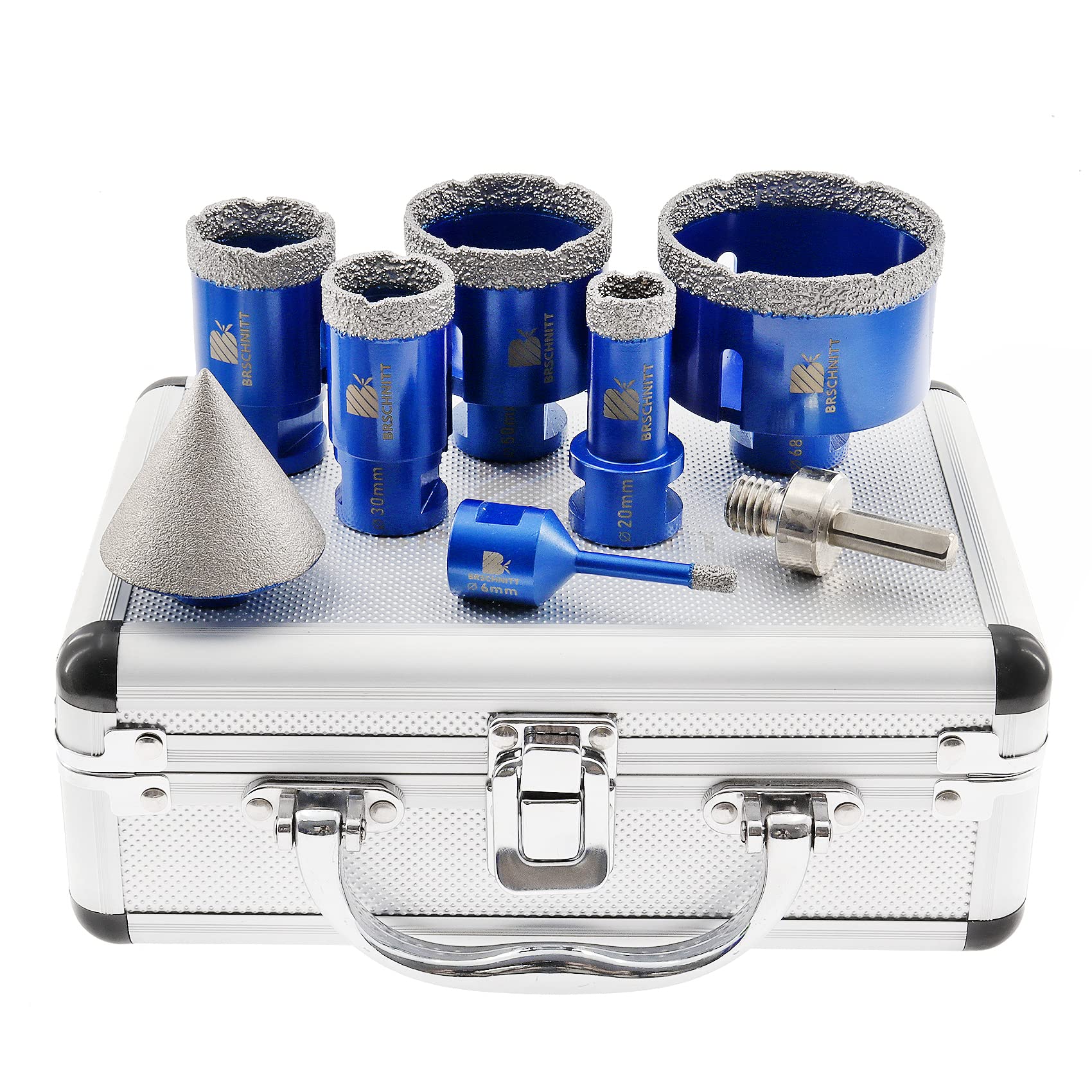 Diamantbohrer Fliesenbohrer Set - BRSCHNITT 6/20/30/35/50/68 Diamant-Bohrkrone Lochsäge mit 50mm Diamant-Fasenbohrer ein Adapter für Porzellan Fliese Granit Marmor Trockenbohren