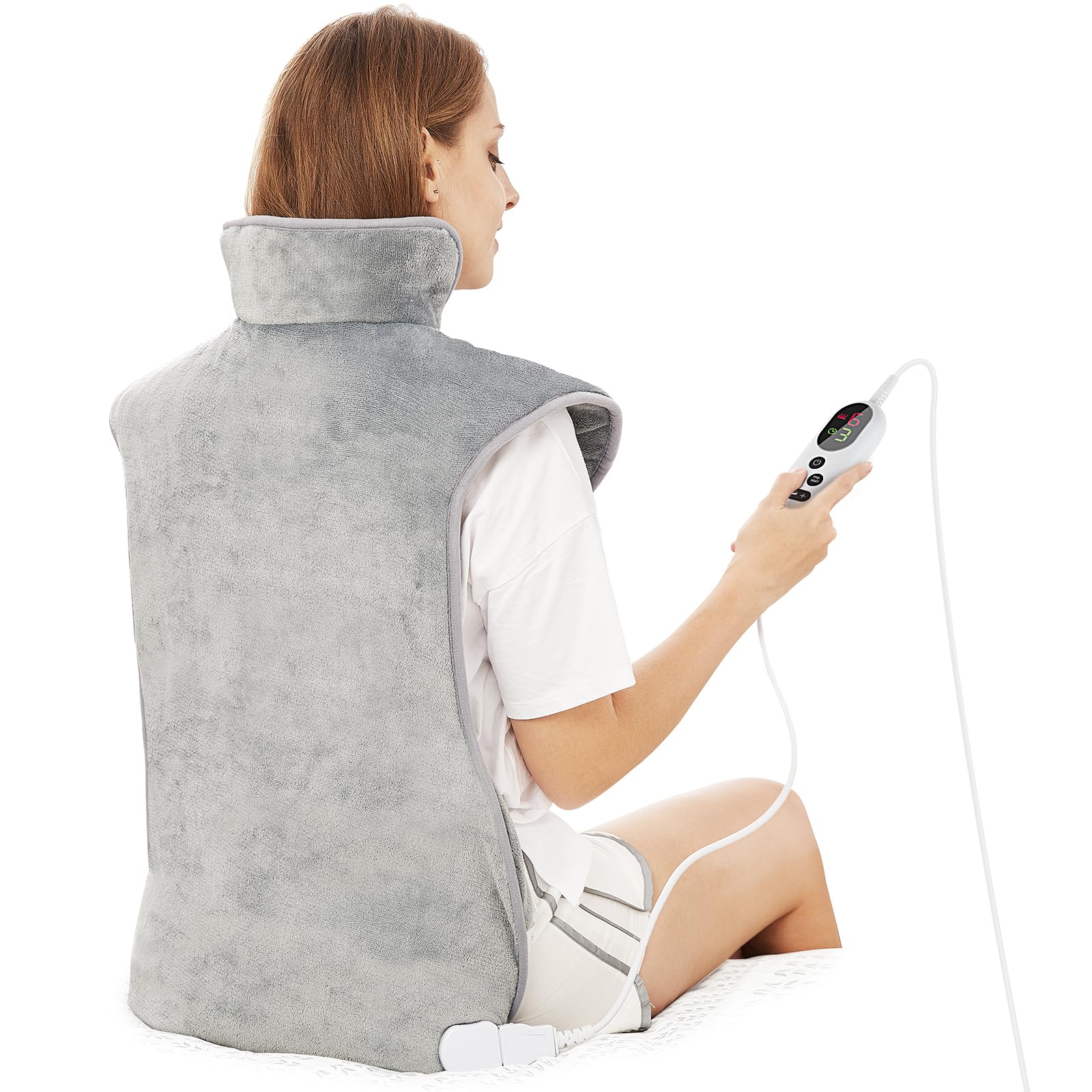 Mia&Coco Electric Heating Pad for Back Neck and Shoulders Pain Relief, (60x100cm) Heated Warmer Fast-Heat Hot Therapy Warp with Waist Strap, 6 Heat Levels, Auto-Off Timer - Comfort Grey