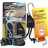 Rope Ratchet 3/8" Block and Tackle Pulley System, Adjustable Hoist for Lifting Gear, Outdoor Utility Rig for Elevating, Tensioning, Securing Equipment, 8' Braided Polypropylene Rope, 250 lb Capacity