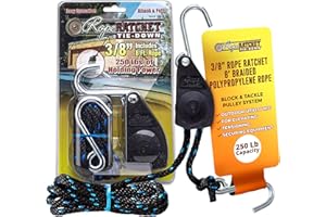 Rope Ratchet 3/8" Block and Tackle Pulley System, Adjustable Hoist for Lifting Gear, Outdoor Utility Rig for Elevating, Tensioning, Securing Equipment, 8' Braided Polypropylene Rope, 250 lb Capacity