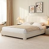 WEUP Queen Size Boucle Bed Frame, Modern Cream Bed Frame with Headboard, Soft Rounded Corners, No Box Spring Required, Adjustable Headboard, Easy Assembly