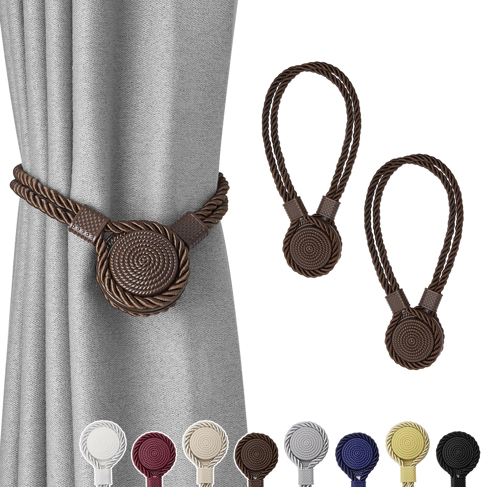 Pretty Jolly 2 Pack Strong Magnetic Curtain Tiebacks Unique Medal shape Decorative Drape Tie Backs Elegant Hand-Woven Rope Curtain Holdbacks for Home & Office Draperies Decor (Coffee)