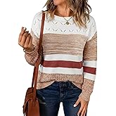 Sidefeel Women's Oversized Sweaters Striped Crochet Boat Neck Hollow Out Lightweight Long Sleeve Knit Trendy Pullover Tops