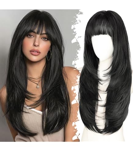 Amazon.com : Nnzes Black 26-inch Long Wig with Bangs for  display picture 3