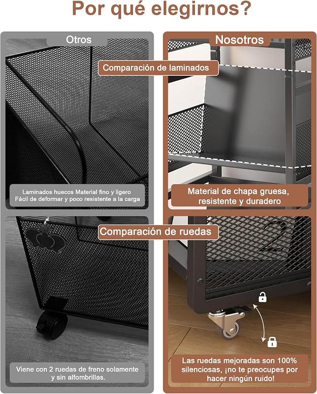 Librería con Ruedas 3 Niveles, Estantería Metálica Móvil, Negro