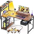 Homieasy L Shaped Gaming Desk with Pegboard & Drawer, LED Gaming Computer Desk with Power Outlet & Storage Shelves, Reversible Corner Gaming Desk with Monitor Stand, Headset Hooks, Rustic Brown