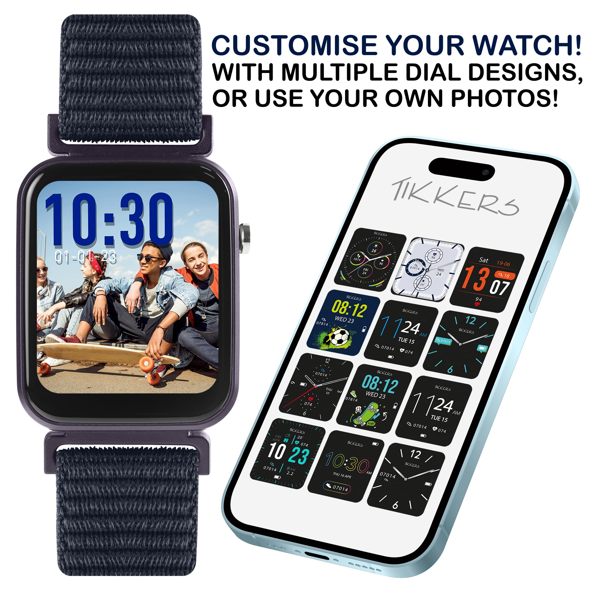 Tikkers Kids Series 13 Smart Watch with Fitness Tracker, Alarm Clock, Camera, GPS Connection, Heart Rate Monitor, Step Counter, Touch Screen, Navy Riptape Strap