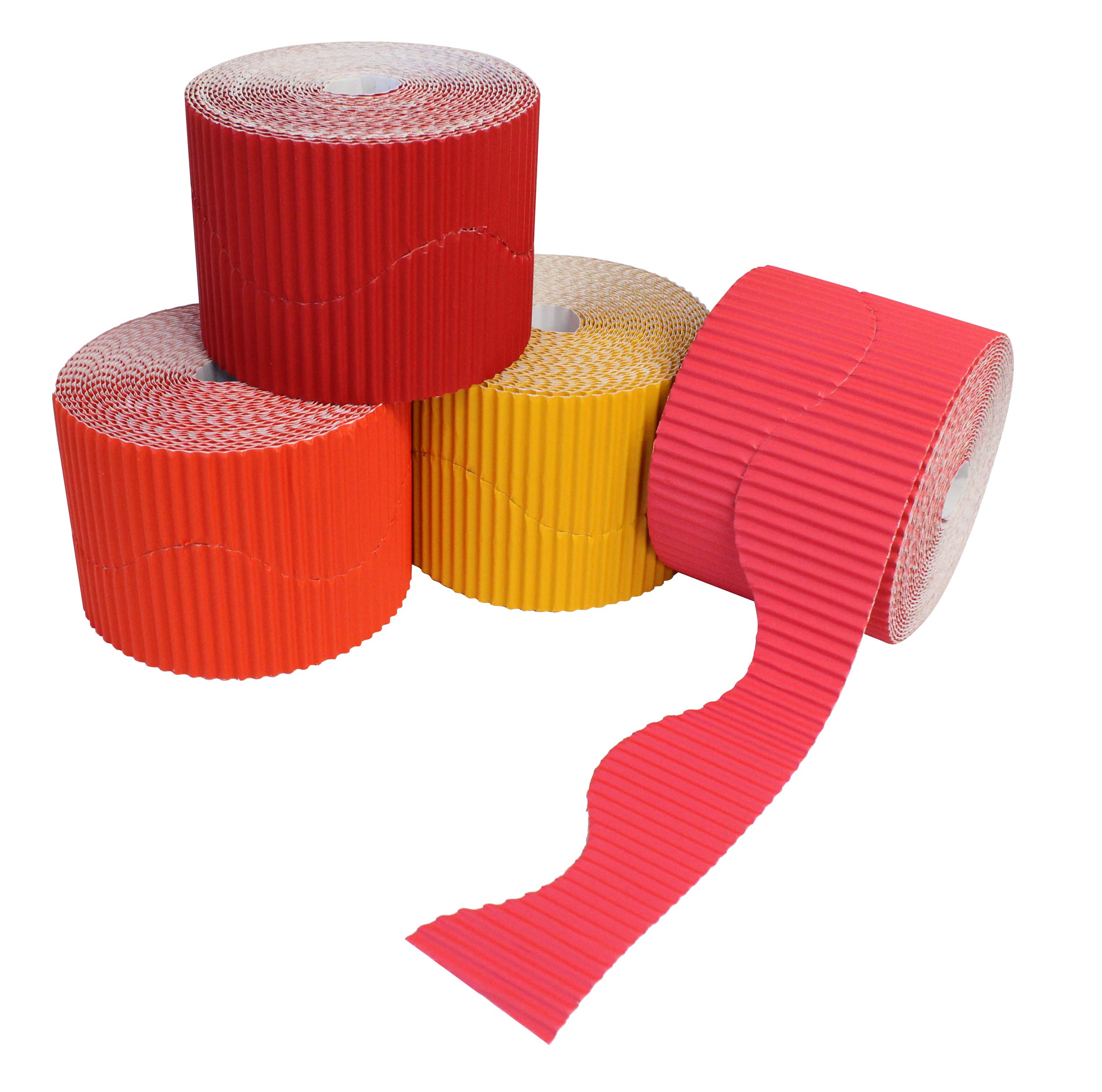 Bright Ideas Corrugated Border Rolls for School Displays, Red/Orange Assortment, 4 Pack, 57mm x 7.5m (15m When Split), BI7870