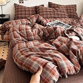 PinkMemory Caramel Blue Gingham Duvet Cover Queen 100% Washed Cotton Buffalo Plaid Bedding Set 3pcs Grid Checkered Duvet Cover Set Full with Zipper Closure Ultra Soft Breathable