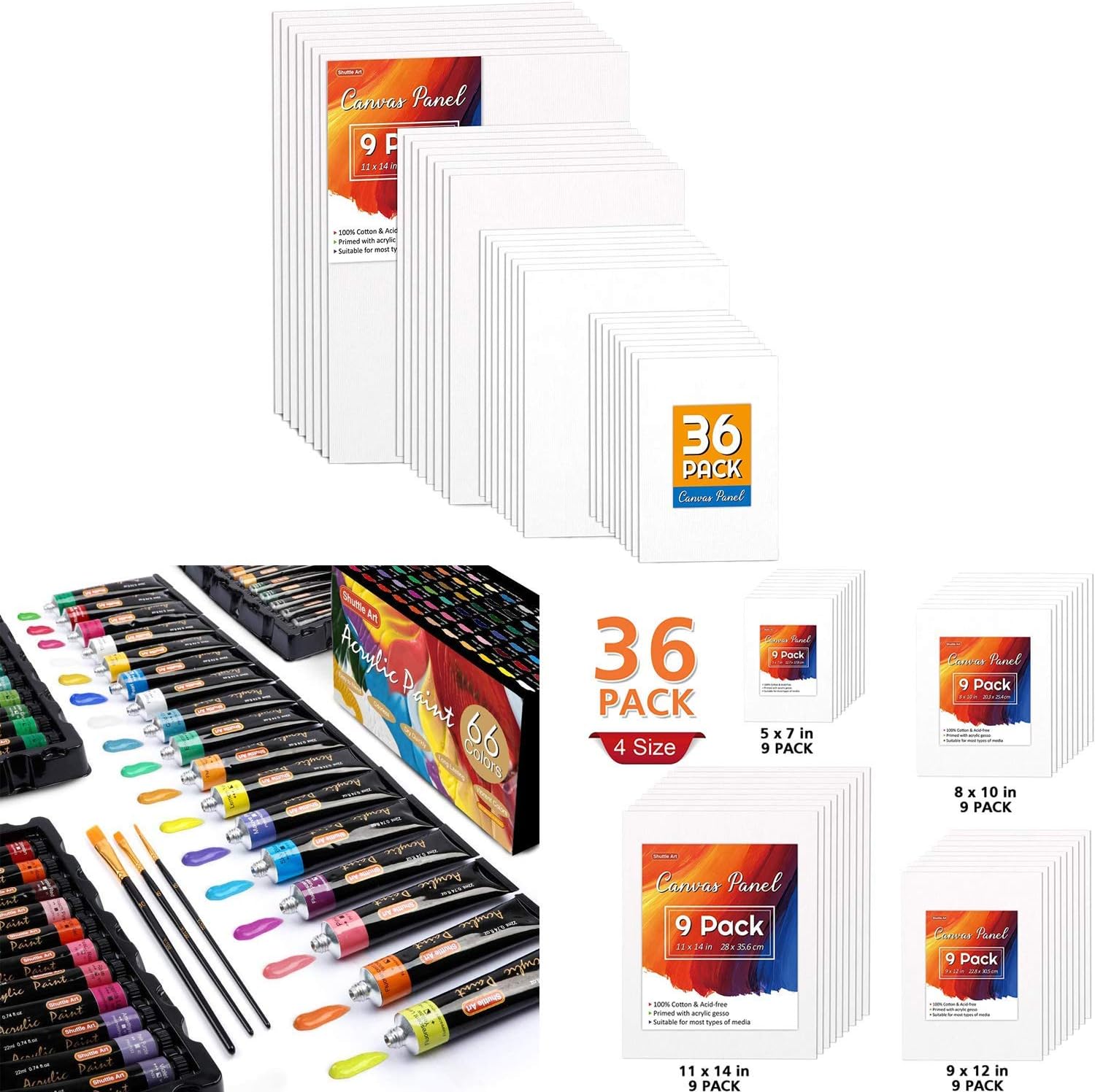 Shuttle Art Acrylic Painting Bundle, Set for 66 Colors Acrylic Paint in Tubes (22ml/0.74oz) + 36 Multi Pack Painting Canvas Panels