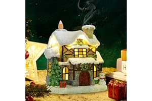 Adroiteet Christmas Village Light up House, Backflow Incense Holder, Resin Christmas Snowy Town with Xmas Tree and Snowman, Holiday Tabletop Decorations for Home Kitchen Office