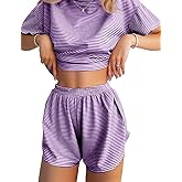 JUSTFASHIONNOW Womens Pajama Sets Shorts Striped Print Two Piece Lounge Sets Crew Neck Sleepwear Split Shorts Set Soft Pjs