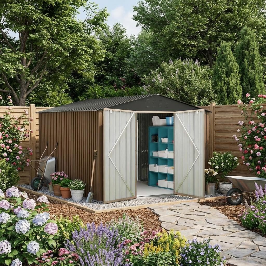 Photo 1 of ***PARTIAL SET - PRICE ADJUSTED***10x10 FT Outdoor Metal Storage Shed, Large Storage Sheds with Sturdy Frame Structure, Metal Garden Tool Shed with Lockable Door for Garden, Lawn, Backyard, Brown