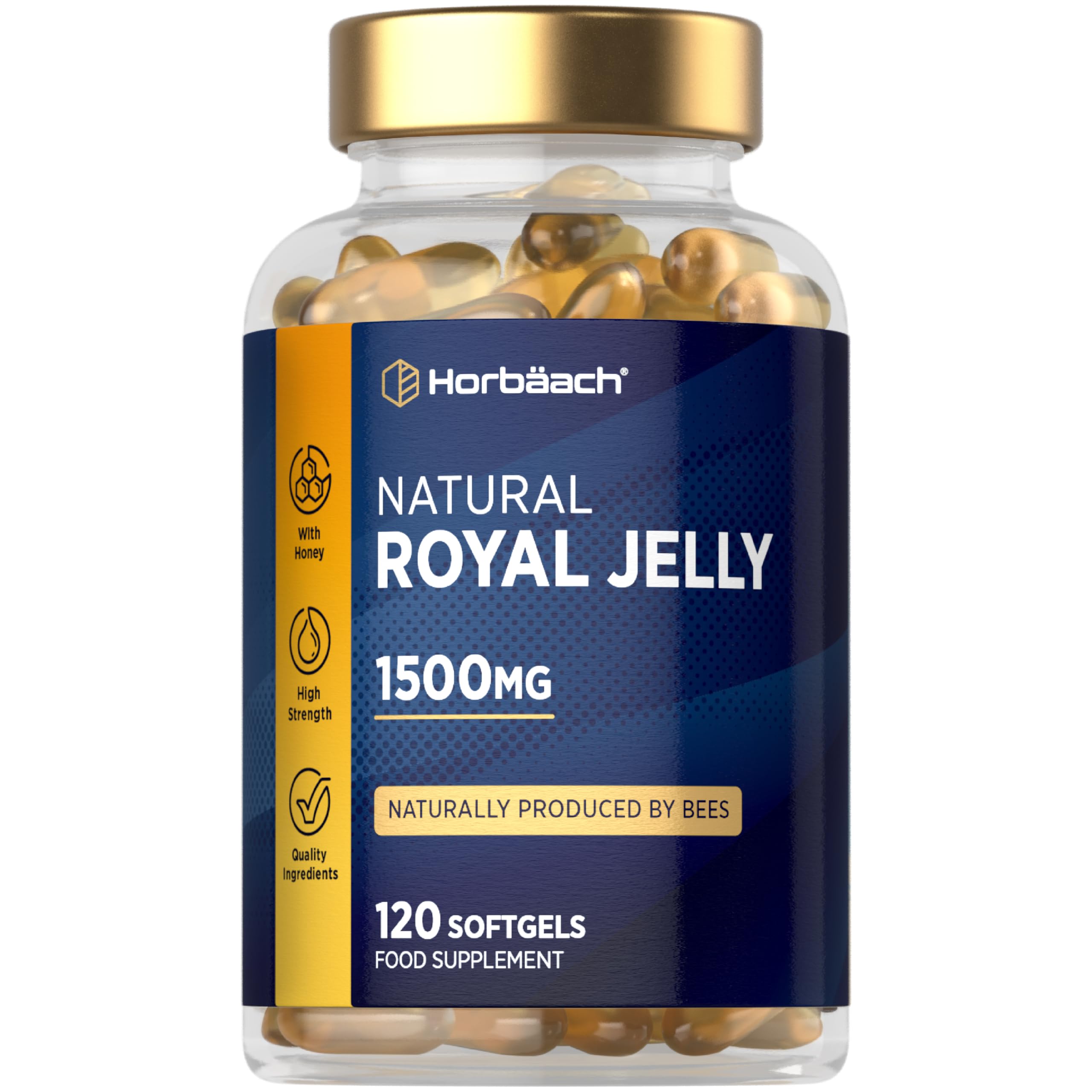 Royal Jelly Capsules 1500mg | 60,000mg per Bottle | Naturally Sourced & Produced By Bees | 120 High Strength Softgels | by Horbaach