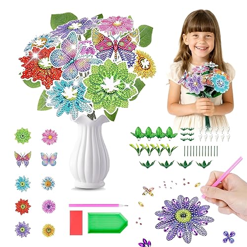UIQVQIU DIY Flower Bouquet 5D Diamond Painting Kits, Full Drill Art Crystal Rhinestone Painting, Butterfly Diamond Arts & Crafts Set for Home Room Garden Vase Decor (Colourful Flower - 10)