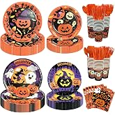 UJoyant 350 PCS Halloween Plates and Napkins Sets, Halloween Party Supplies Includes Disposable Plates Dessert Plates Napkins Cups Plastic Knives Forks Spoons Disposable Dinnerware Set (50 Guest)