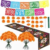 62 PCS Day of the Dead Decorations, Dia de los Muertos Ofrenda Decor Set | Includes 60 Artificial Marigold Flowers with Stems,1 Linen Table Runner,1 Plastic Papel Picado Banner for Ofrenda Altars