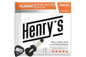 HENRY'S STRINGS Classical Nylon Guitar Strings with Ball End - Fast&Easy Restring - Special Non-Slip Pick & 5 Accessories Inside - Silver Nylon Guitar Strings Classical Guitar - Cuerdas Guitarra