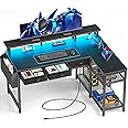 Seventable L Shaped Desk with Storage Drawers, 47 inch Gaming Desk with Shelves, Small Computer Desk with Power Outlets & LED Lights, Home Office Corner Desk with Monitor Stand for Bedroom, Black