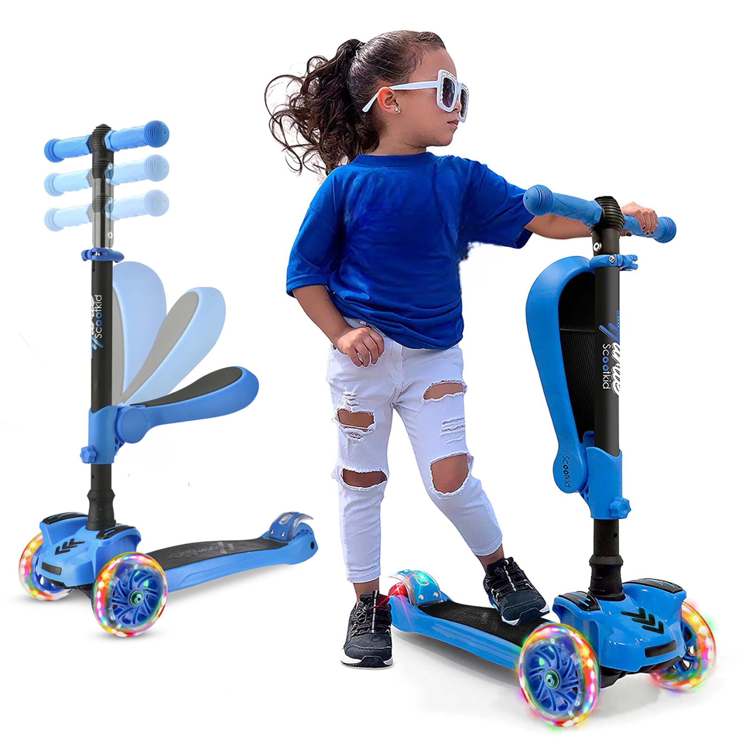 Hurtle 3-Wheel Tri Scooter for Kids ages 4-7, Scooter with Seat, Foldable, Flashing Lights, Adjustable Height, Blue