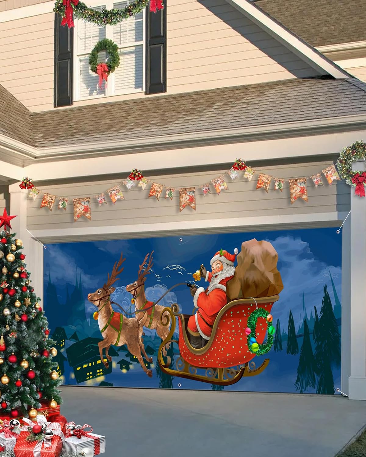 Garage Door Decorations - Christmas Garage Door Banner Cover 7 x 8 ft, Christmas Elk and Santa Claus Holiday Celebration Christmas Garage Door Decorations Holiday Christmas Backdrop Decor for Winter New Year Xmas Party