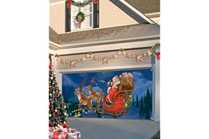 SINGINGIN Christmas Garage Door Banner Cover 7 x 8 ft, Christmas Elk and Santa Claus Holiday Celebration Christmas Garage Door Decorations Holiday Christmas Backdrop Decor for Winter New Year Xmas Party