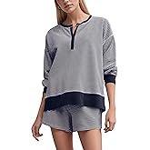 OLAPTA Women Striped 2 Piece Lounge Outfits Button Down Long Sleeve Loose Sweatshirts Color Block Casual Wide Leg Shorts Sets