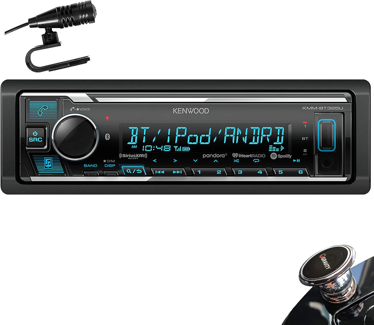Kenwood KMM-BT325U Single DIN Bluetooth SiriusXM Ready In-Dash Digital Media Car Stereo Receiver w/ Spotify Control + Gravity Magnet Holder