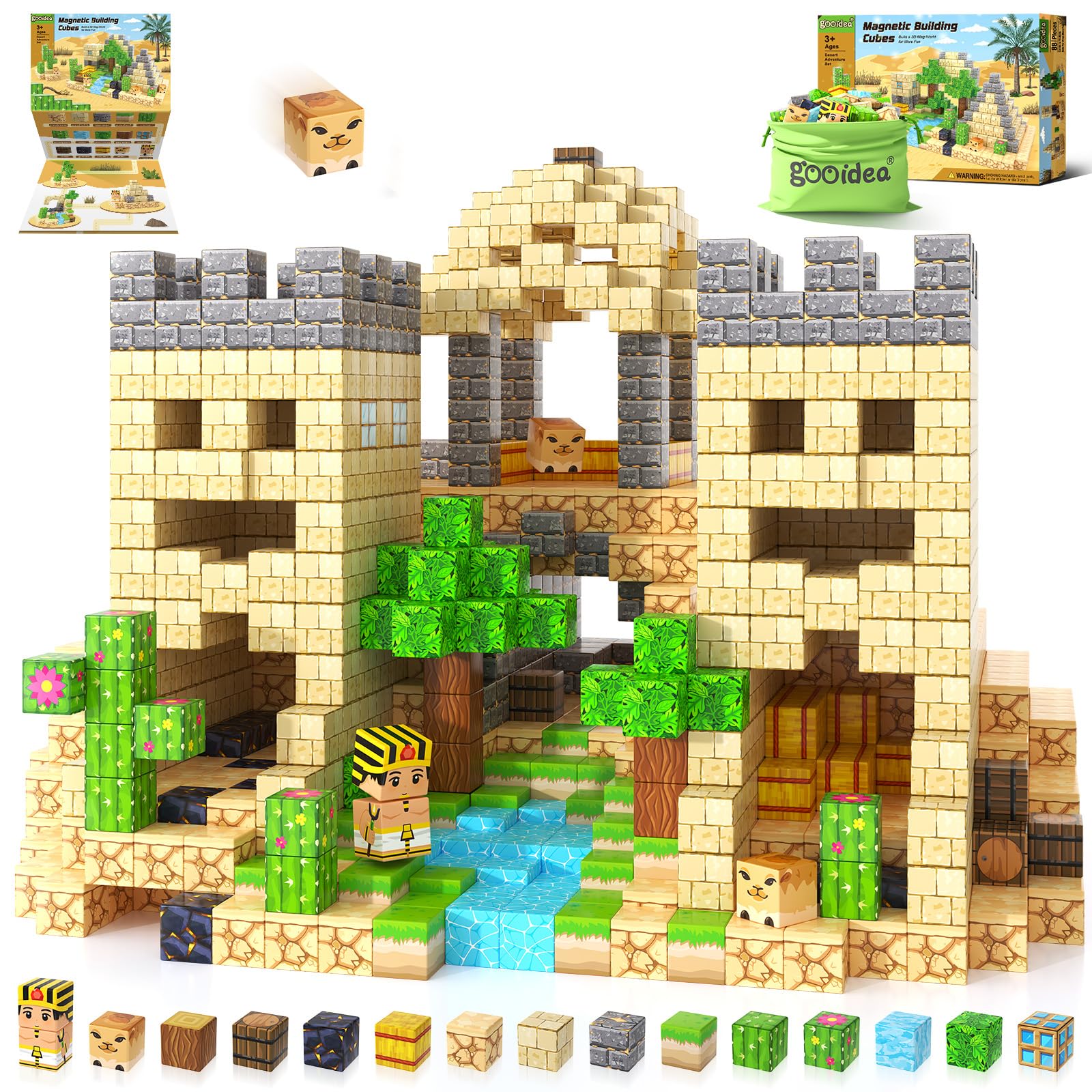 Gooidea Large Magnetic Blocks Kids Toys, Sensory Learning Toys, Mine Magworld Building Craft, Desert Construction Set, 1“ Magnetic Building Cubes, Game Gift for 3+ Year Old Boys Girls