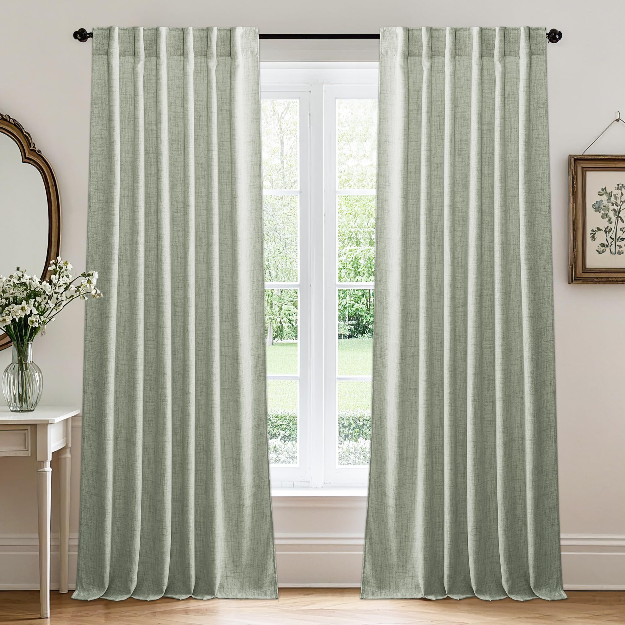 Photo 1 of RYB HOME Linen Sheer Curtains and Drapes for Living Room 108 inches Length, Breathable Back Tab/Rod Pocket Semi Sheer Curtains, Sage Green, W 52 x L 108 inches, 2 Panels Set