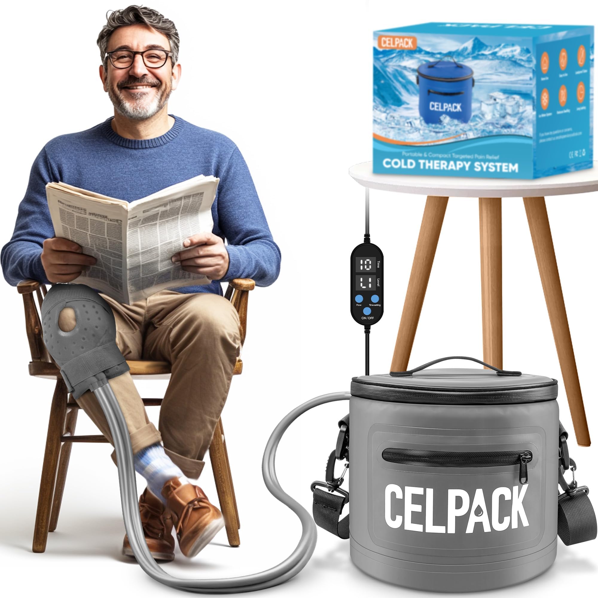 Photo 1 of celpack Portable Ice Therapy Machine for Post-Operative Recovery, Sports Injuries, Knee Pain, Sprains, Swelling,Full Knee Brace with Silent Pump, Timer Remote Control Cold Therapy Device, Grey