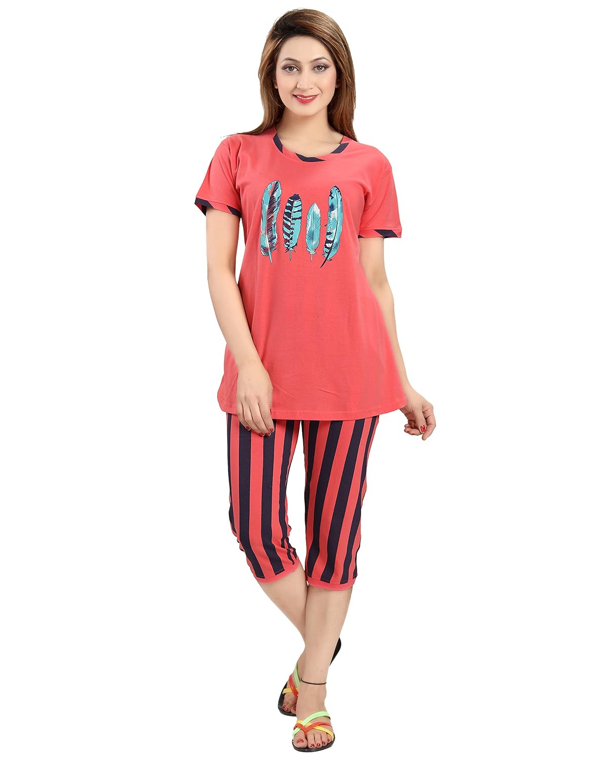 seemee dark orange and black polyester cotton capri and top night set