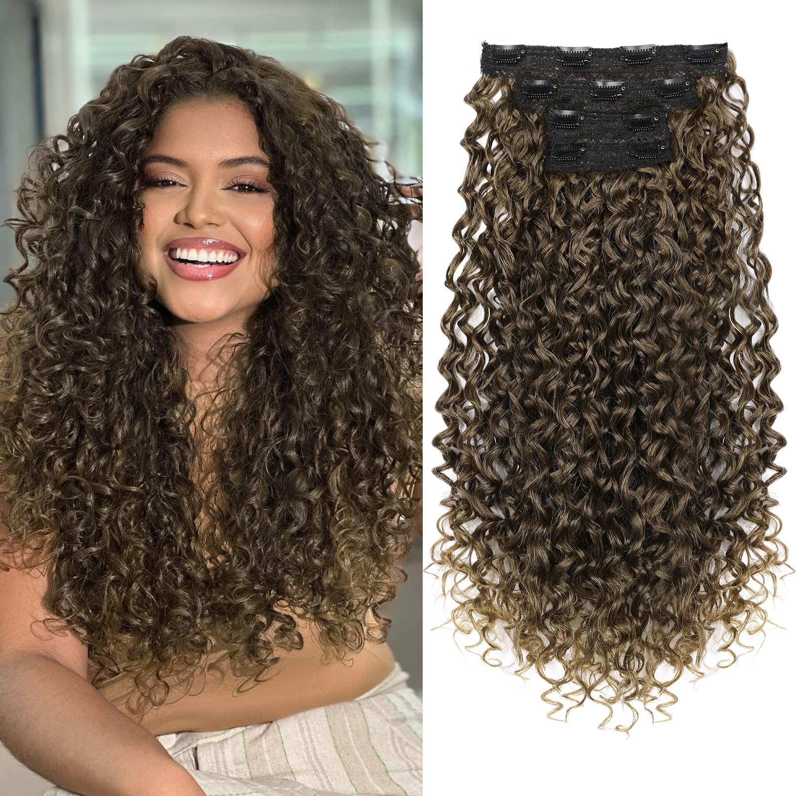Photo 1 of Flufymooz Clip in Hair Extensions, 4PC 100? Pure Protein Silk Hair Extensions Long Soft Natural Hairpiece 20 Inch Curly Hair Extension for Women Ash Dark Brown to Ligh Brown