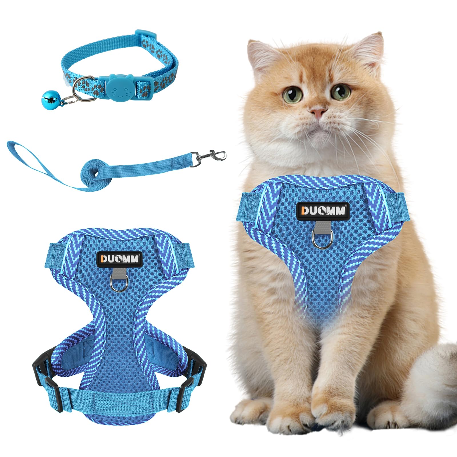 Muecleao Cat Harness and Lead Set, Adjustable Kitten Harness and Lead Set, Cat Harness with Reflective Strips, Escape Proof Cat Vest Harness with Leash Set for Cats Dogs Pets Walking (Blue, S)