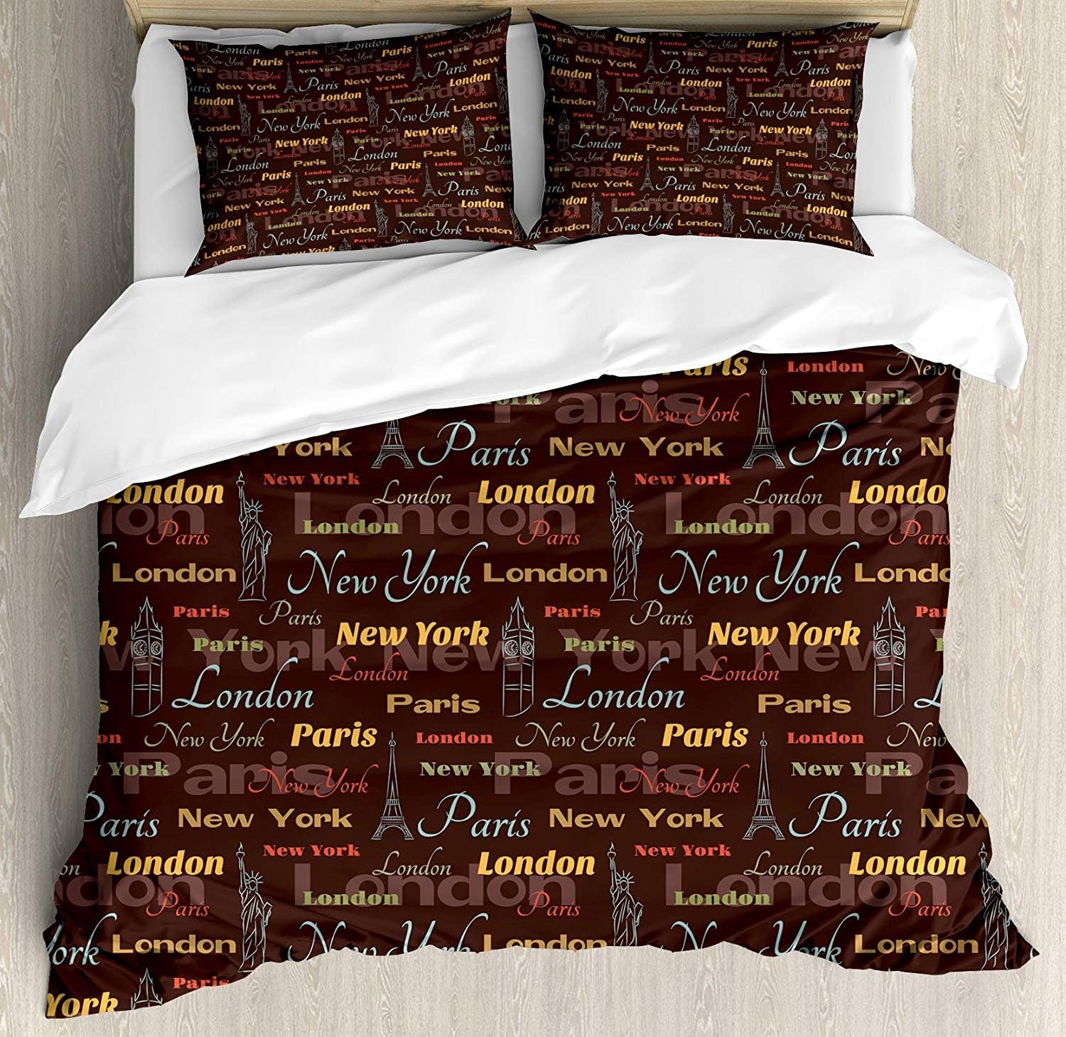 City 4 Piece Bedding Printed Duvet Cover Set, Hotel Quality Luxury Soft Brushed Microfiber, Famous Places of World London Paris New York Big Ben Statue of Liberty Eiffel Tower - Queen Size