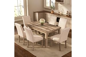 Morden Fort Rustic Dining Table Set for 6, Farmhouse Kitchen Dining Chairs for 6, Charming 60" Rectangular Wooden Table&6 Upholstered Chair with Nailhead Accents for Dining Hub,Breakfast Nook