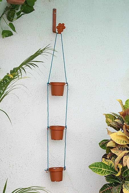 Metal Roots 3 Tier Planters for Home Decor with Hook, Rope & 3 Brown Pots