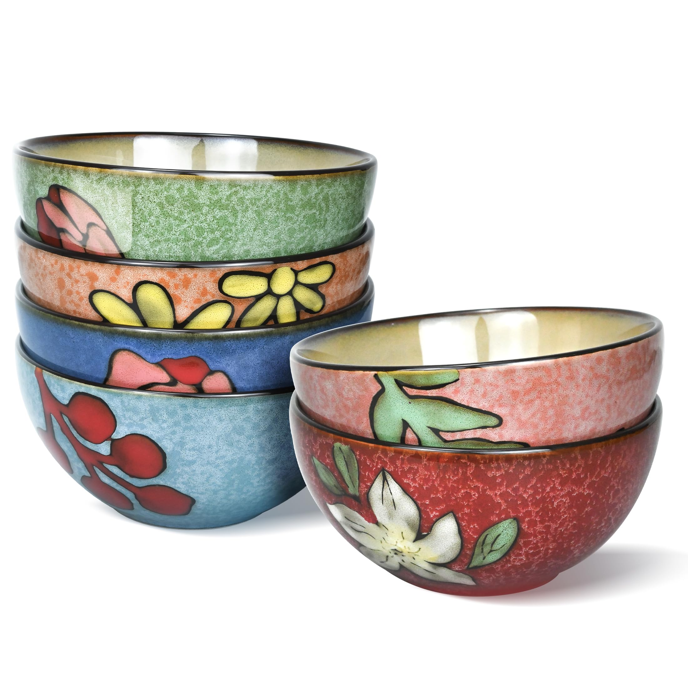 Photo 1 of Ceramic Cereal Bowls Set of 6, Floral Design 6 inch – 28oz for Cereal, Salad, Soup, Dessert, or Snacks, Microwave, Dishwasher Safe